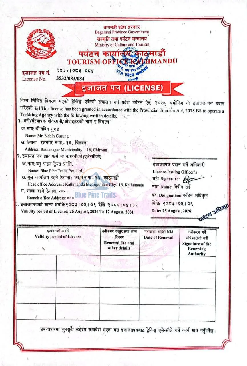 Official Government License / Trekking Agency License