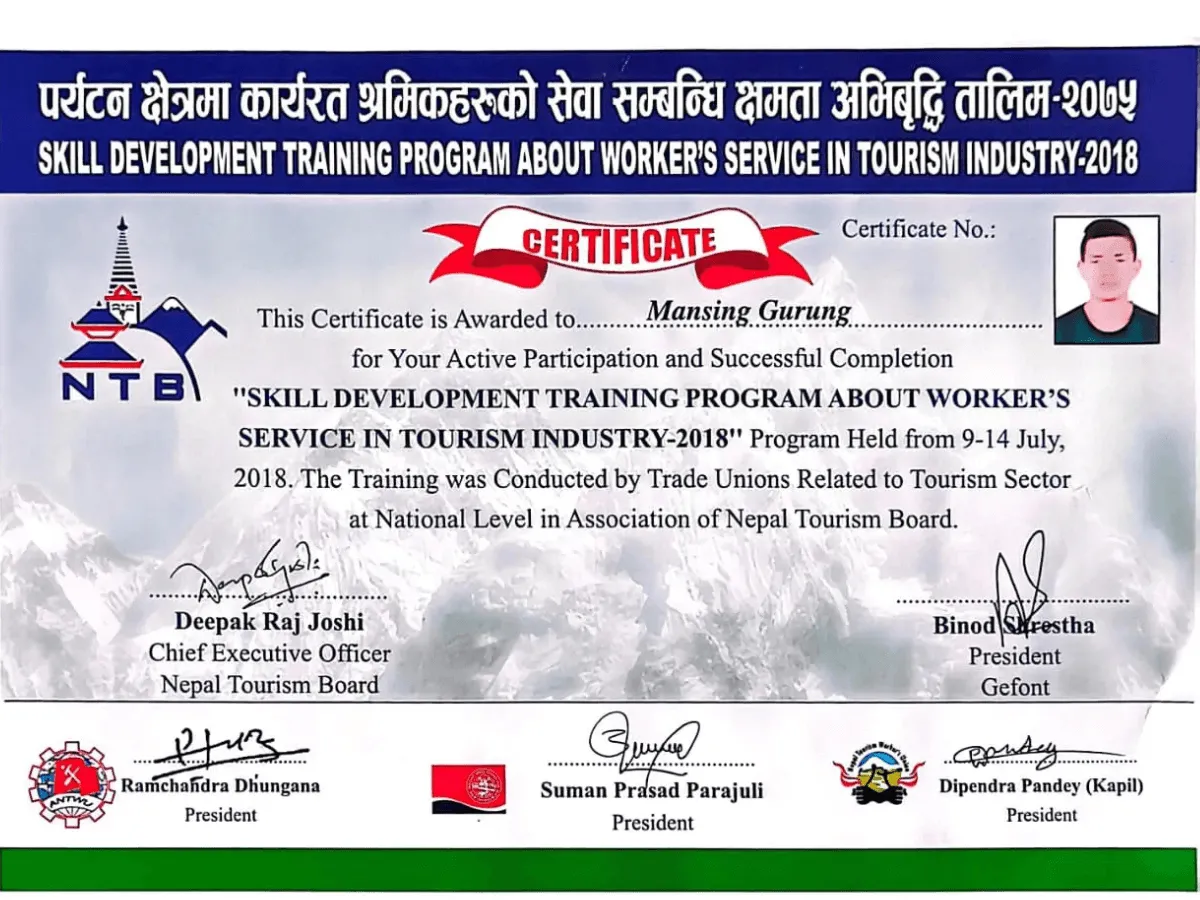 Mansing Gurung Ntb Certificate